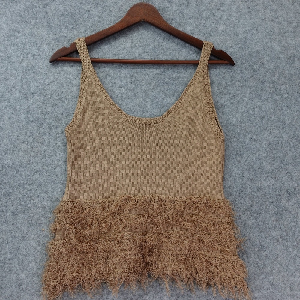 Coastal Cowgirl Fringe Tank Top Womens S Tan Shaggy Tiered Earthy Boho Festival